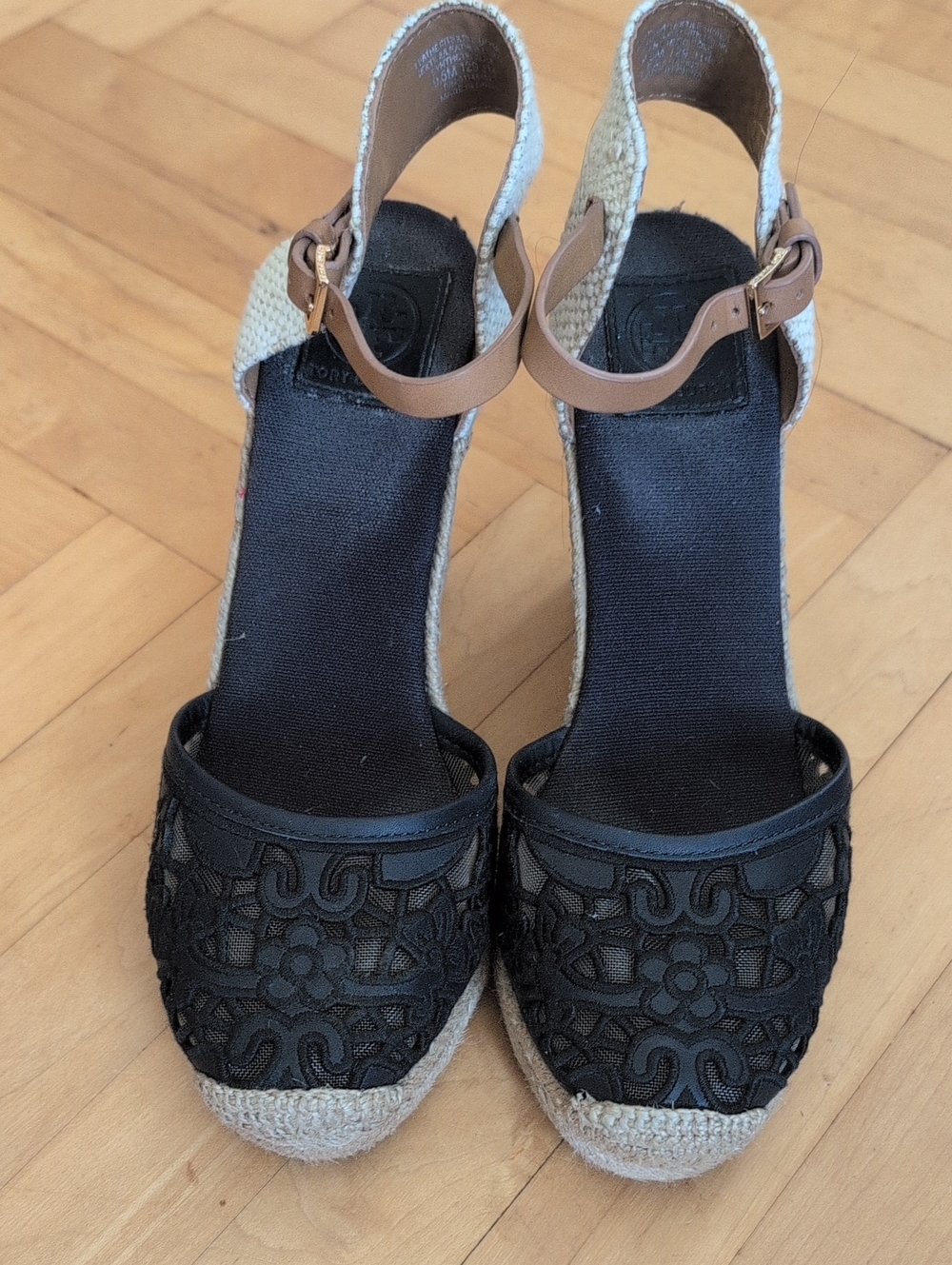 Tory Burch Navy Lace Espadrille Wedge with Tan Ankle Strap Size 9.5